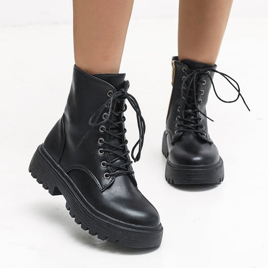 Black Boots Women Lace-up Side Zipper Platform Shoes